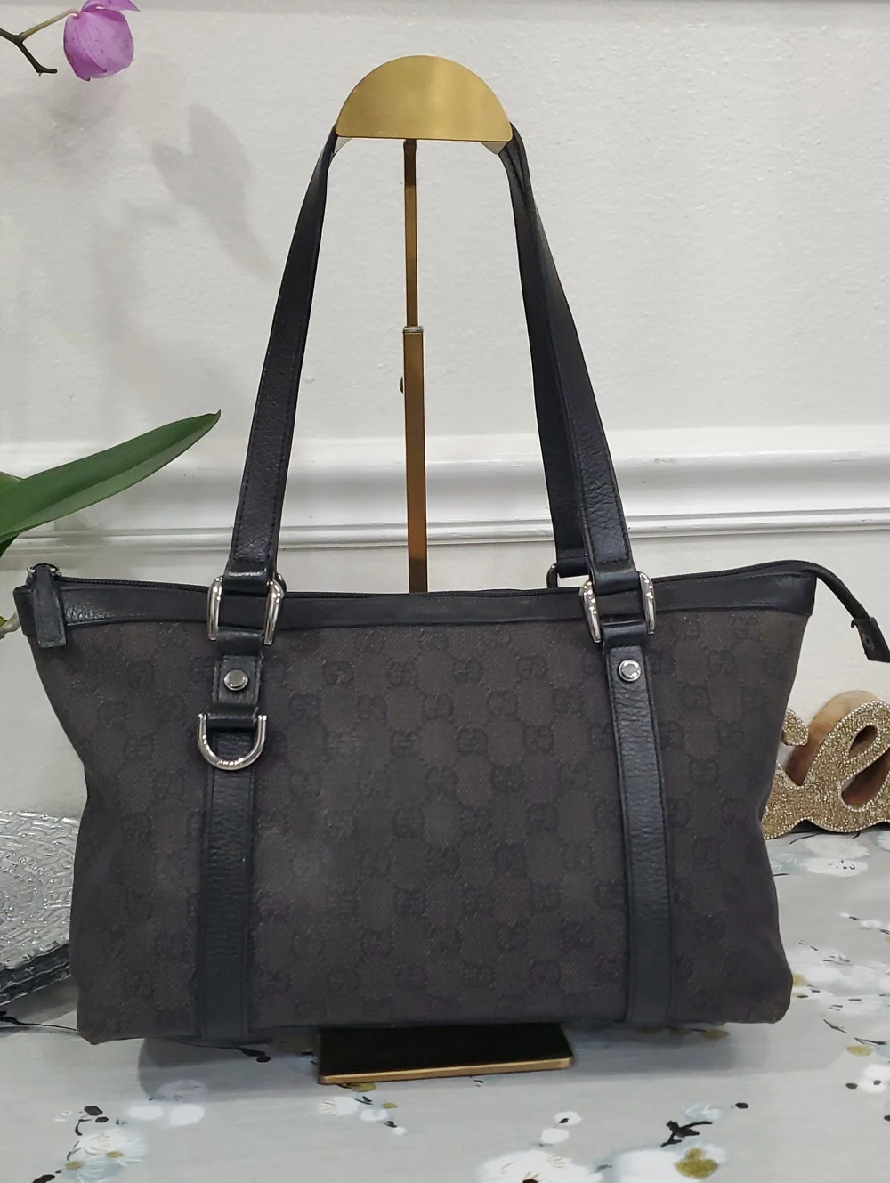 🇮🇹Gucci Black GG Canvas Abbey Medium Black Shoulder/Handbag Tote Bag
